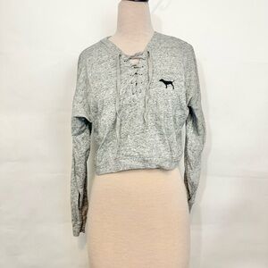 Victoria’s Secret PINK cropped long sleeve tie shirt tshirt xsmall gray